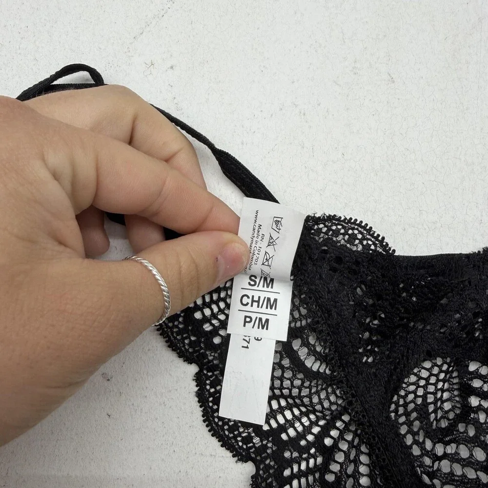 Candyman Thong Underwear Mens Medium Black Sheer Lace Heart Floral Stretch 99579